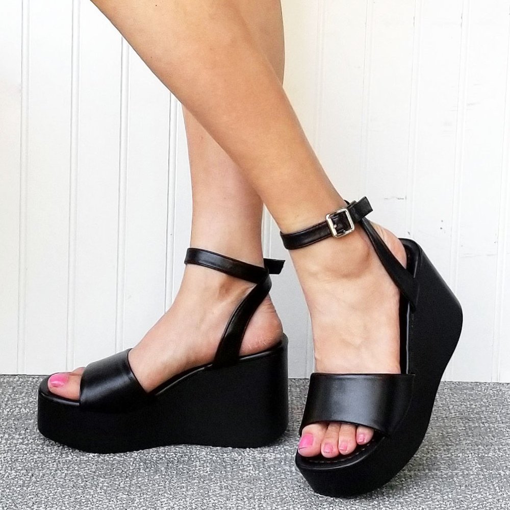 New Black Wide Band Platform Wedge Sandals
